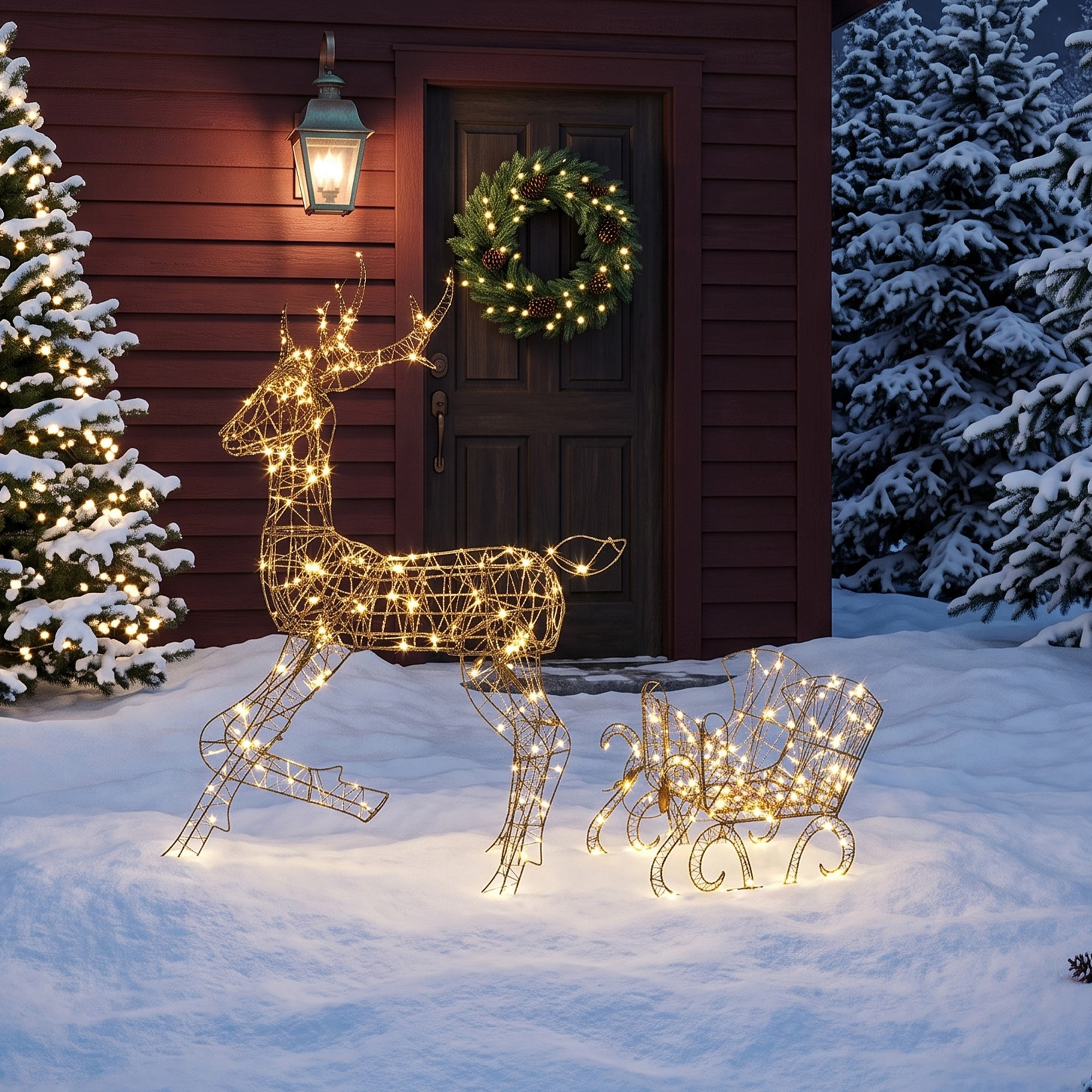 Outsunny Reno y Trineo Luminosos de Ratán PP con 175 LED Blanco Cálido, Decoración de Navidad con 8 Modos, Temporizador Diario, 120 cm, Illuminación Navideña para Jardín, Césped, Patio y Porche
