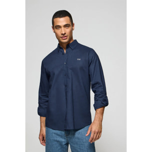 Camicia blu marino in lino-cotone regular fit con logo ricamato