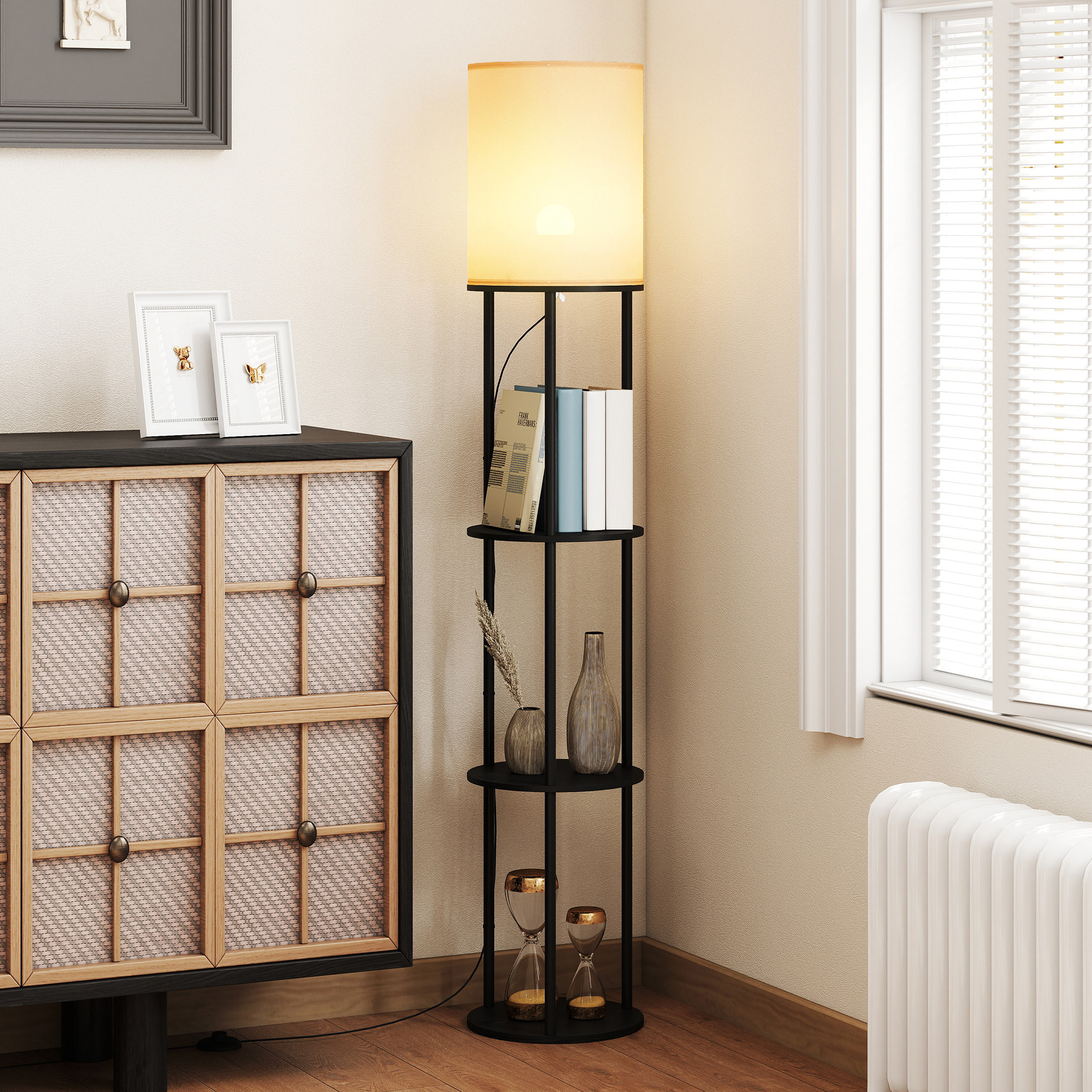 Lámpara de Pie con Estantes, Lámpara con 3 Temperaturas de Color, Control Remoto, para Salón, Dormitorio, Oficina, Negro