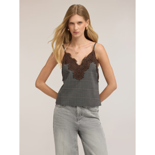 Motivi - Top a quadri con inserto in pizzo - Grigio