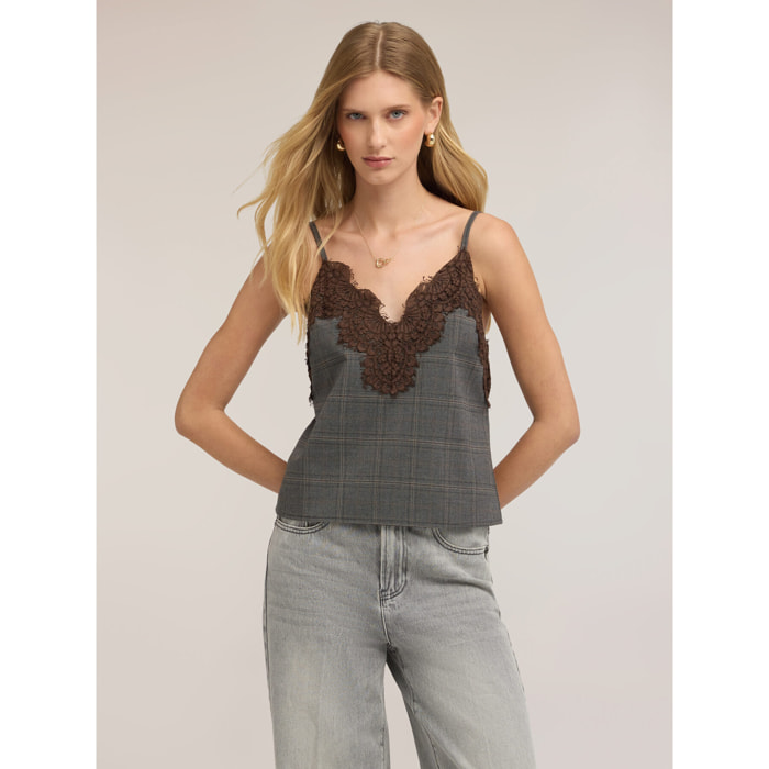 Motivi - Top a quadri con inserto in pizzo - Grigio