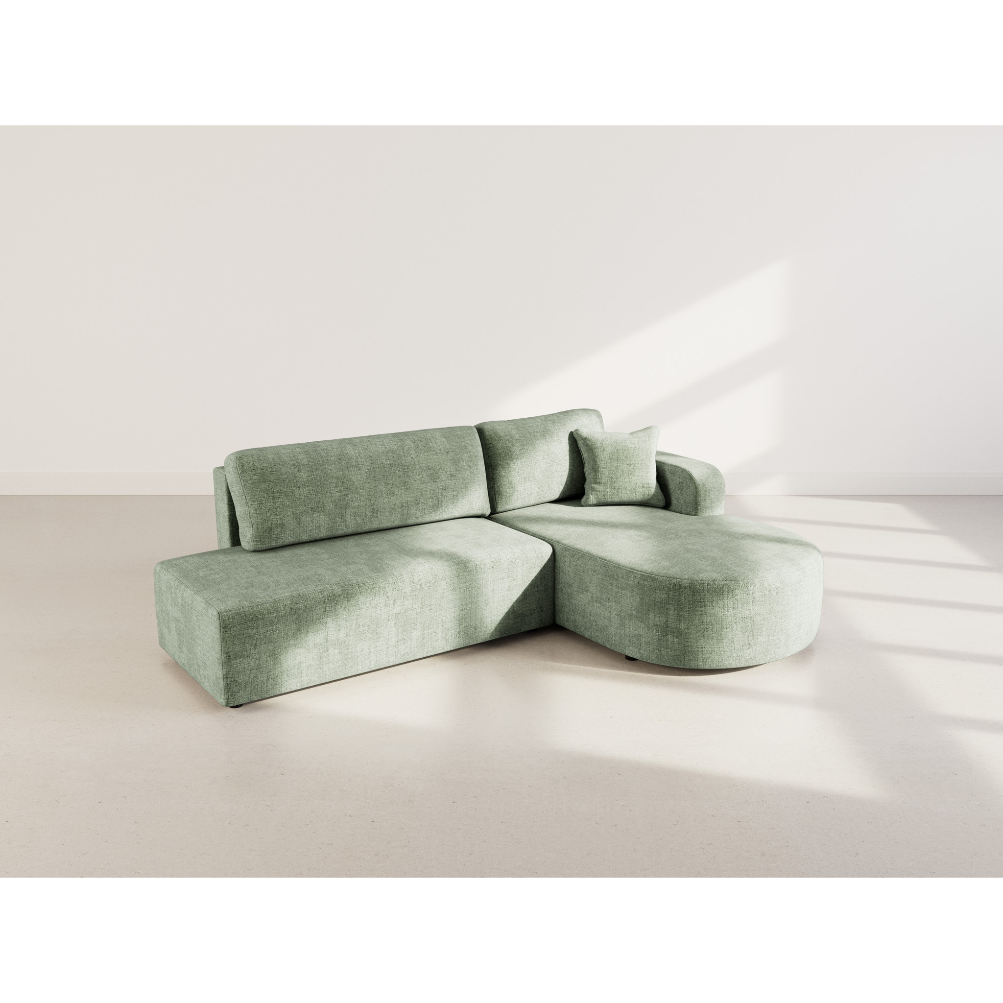 Miro - Canapé d'angle droit 4 places convertible avec coffre en velours texturé - Vert sauge