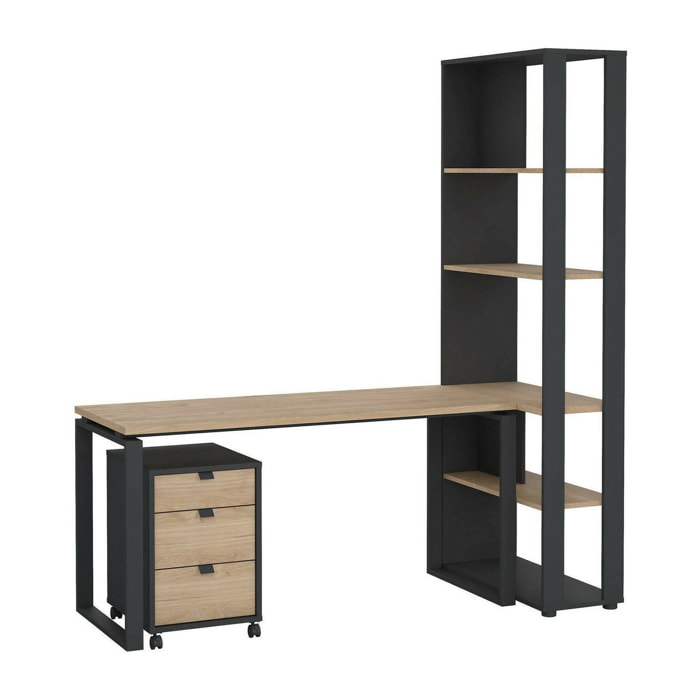 Scrivania Etienne, Scrittoio multiuso, Tavolo per ufficio porta PC, Piano di lavoro, 184x80 h205 cm, Rovere e Grigio
