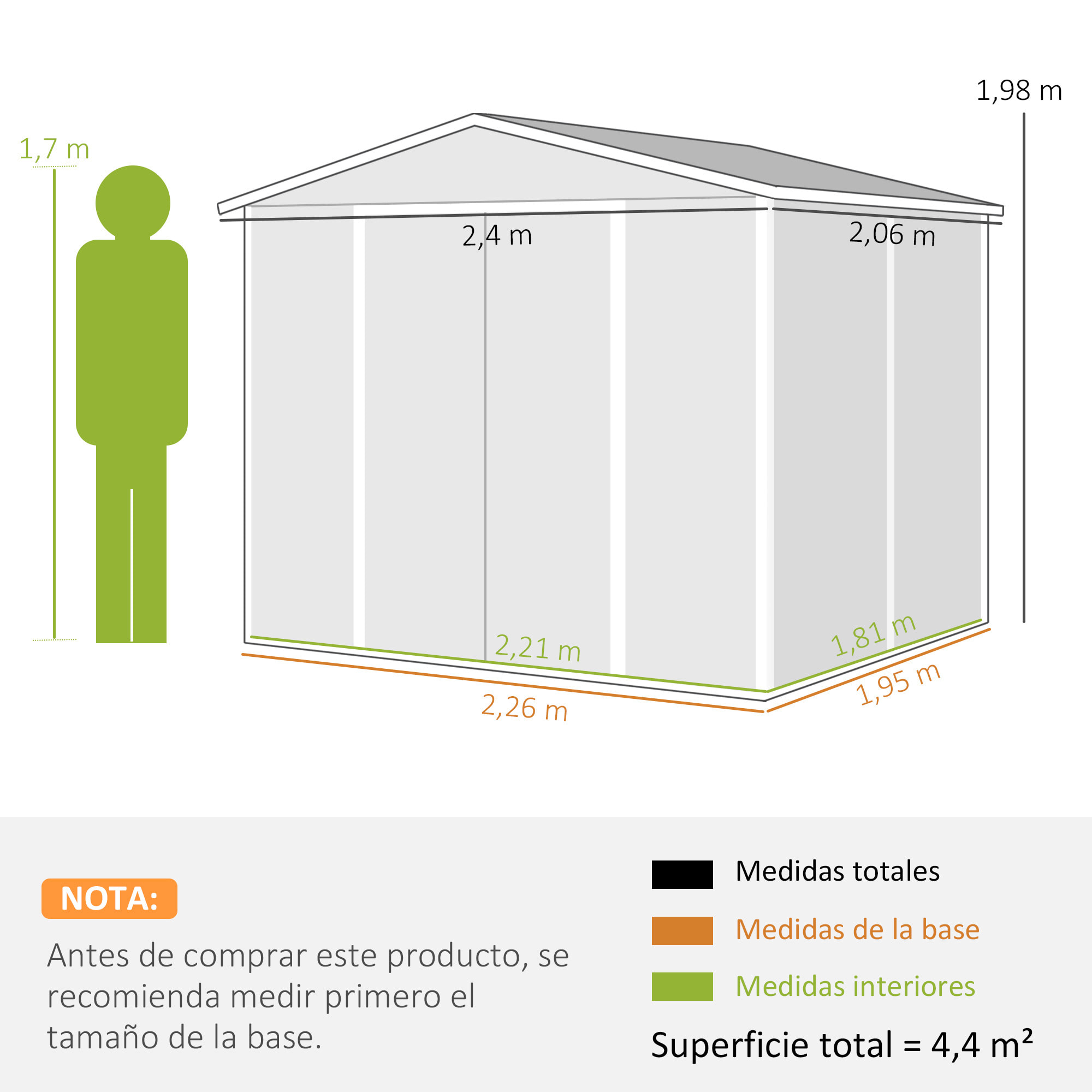 Caseta de Jardín Exterior 4,4 m², 240x206x198 cm, Cobertizo de Jardín Exterior Metálico con Base Refuerzo (Suelo NO Incluido), Puerta Corredera con Cerradura y 4 Ventanas para Patio, Gris