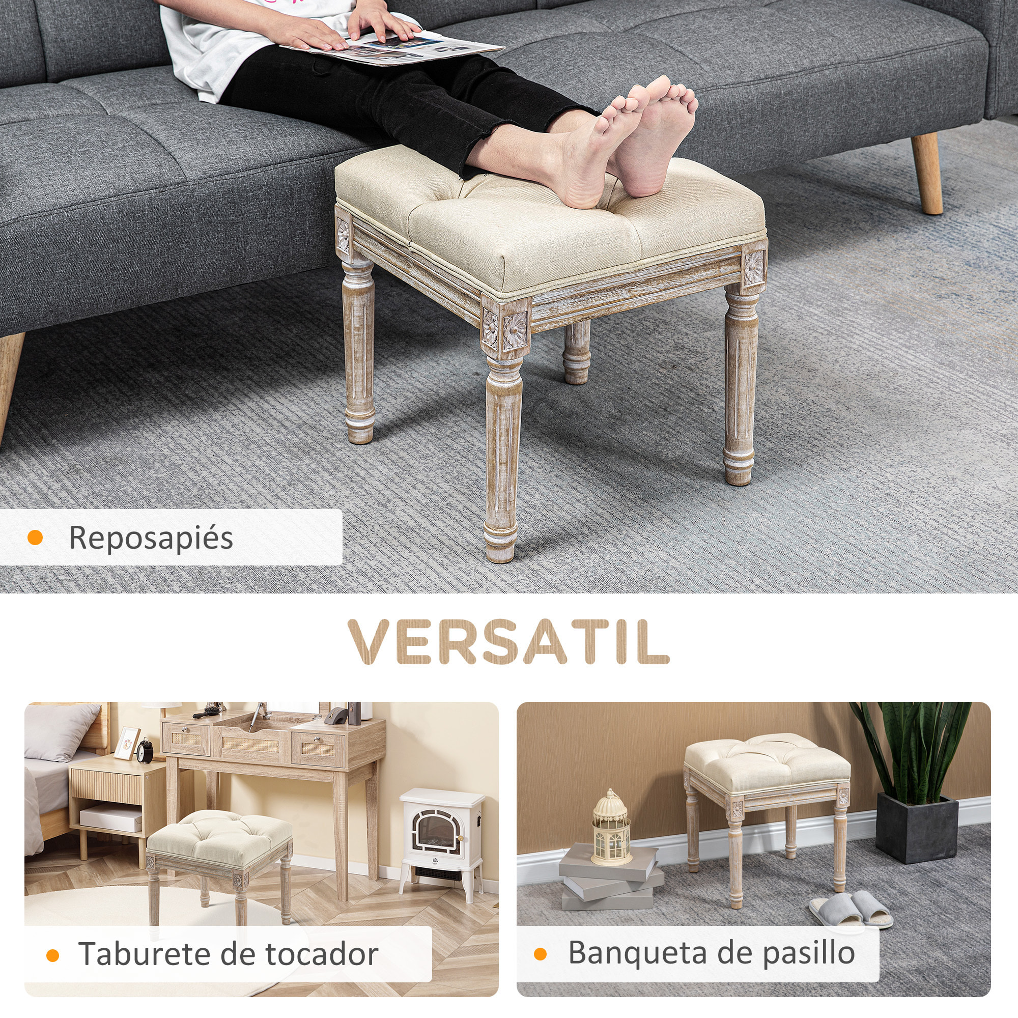Taburete Pie de Cama Banco para Pie de Cama con Pies de Madera y Asiento Acolchado Carga 120 kg Banqueta de Dormitorio para Entrada Pasillo 40x40x43 cm Beige