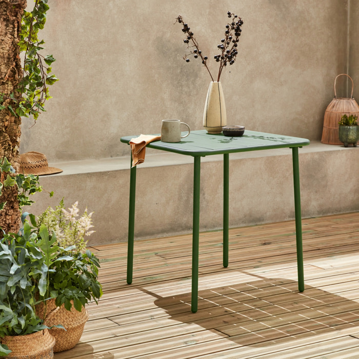 Table de jardin métal 2 places. vert. Amelia. 70x70cm. traitement antirouille. lattes et bords arrondis