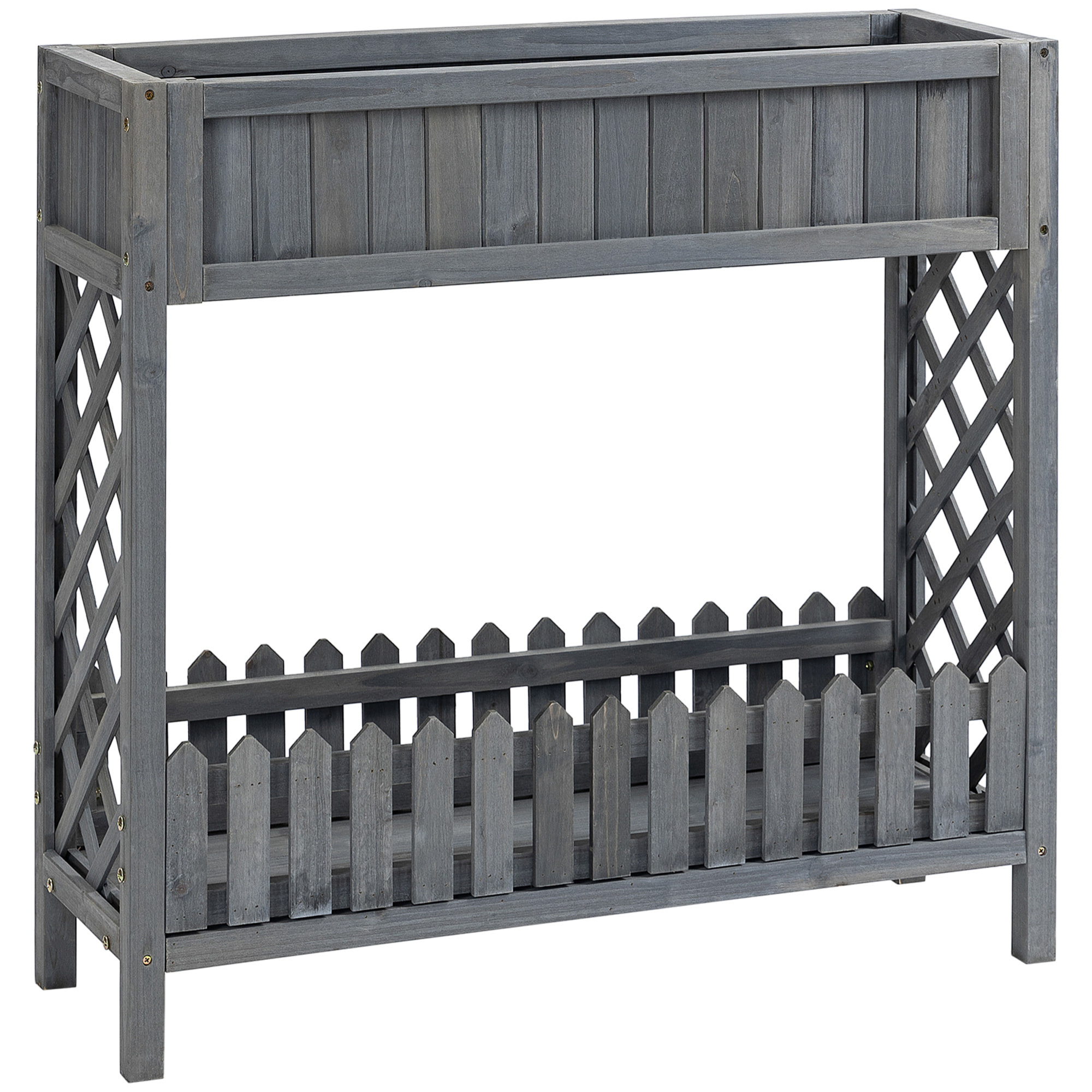 Jardinière sur pied potager avec étagère barrière - pans latéraux treillis - dim. 90L x 30l x 90H cm - bois sapin gris