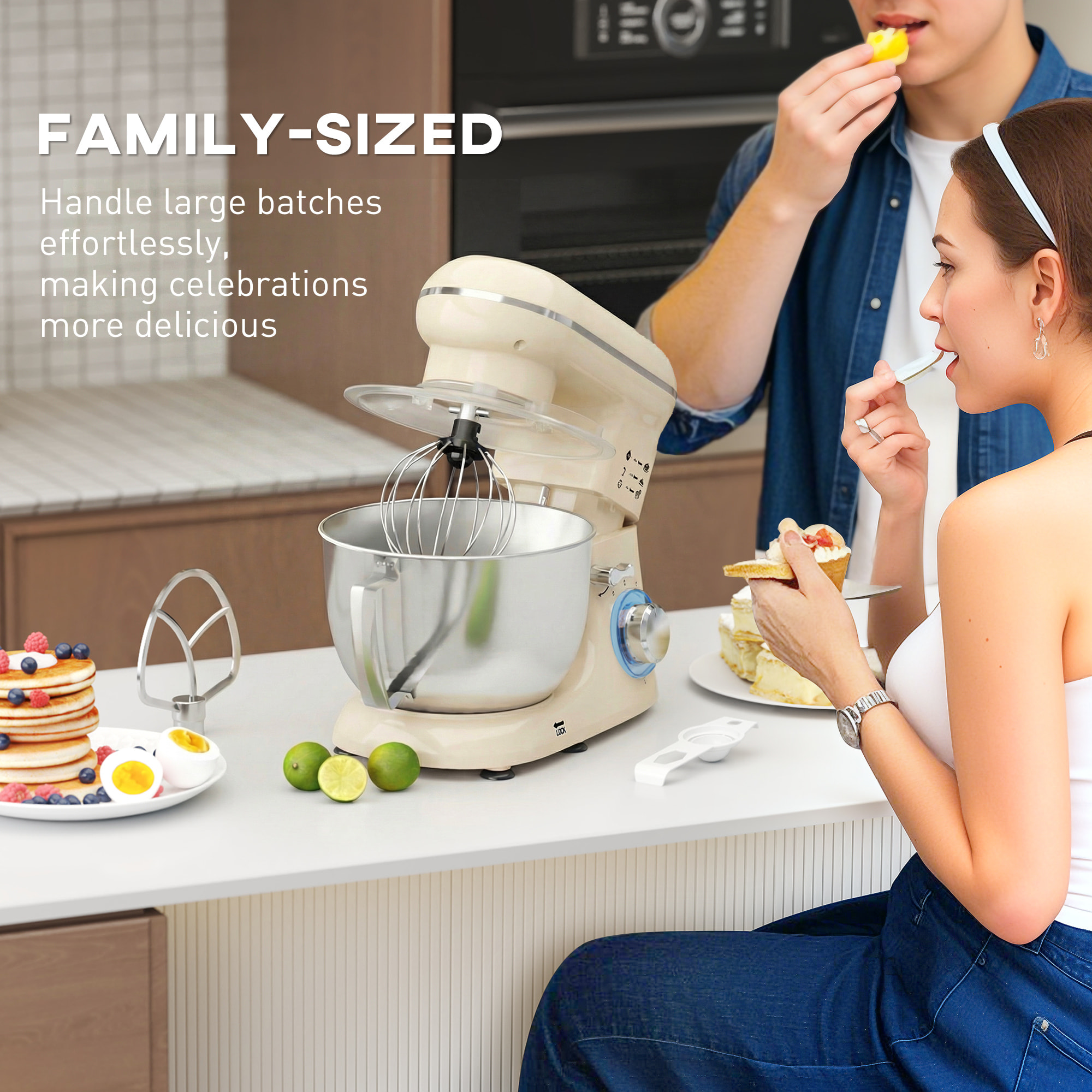 Batidora Amasadora 4,5L, Amasadora de Pan 1300W, Amasadora Repostería, 6 Velocidades, Bol de Acero Inoxidable, Batidor, Gancho, Varilla, Protector contra Salpicaduras, Beige