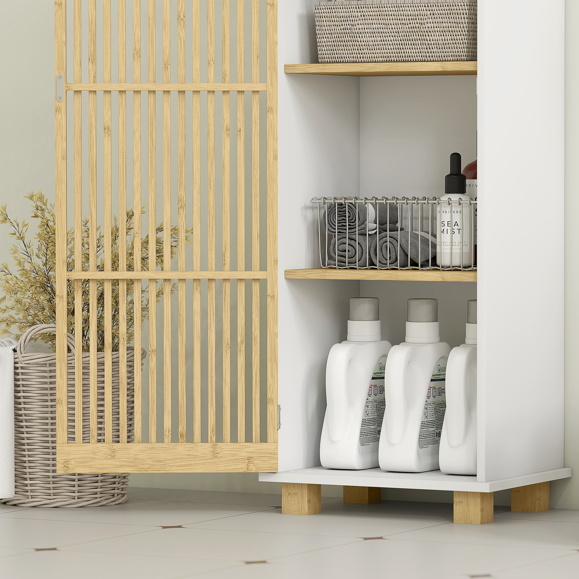 Colonne salle de bain H.173 cm - porte à lattes verticales, étagère, 3 niches - piètement bambou blanc