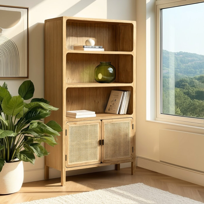 AMY - Bibliothèque 2 portes 3 étagères H180cm en bois de mindi et rotin