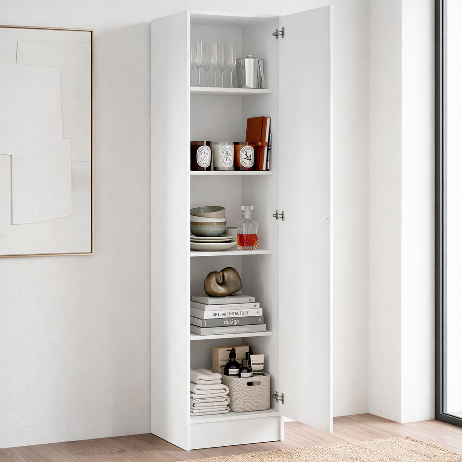 Colonna Armadio Bagno 1 Anta Salvaspazio 4 Ripiani Regolabili Mobile Alto Ingresso Corridoio Moderno Maniglia Argentata 200 x 47.05 x 49.2 cm Bianco
