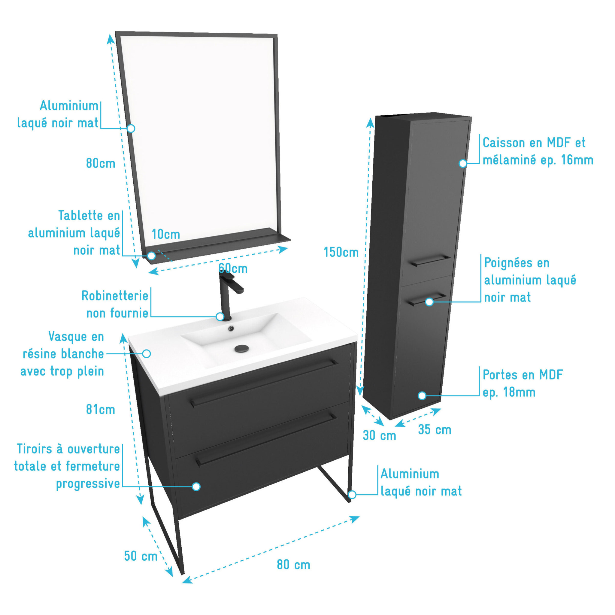 Pack meuble de salle de bain 80x50 cm Noir - 2 tiroirs - vasque blanche - miroir - colonne suspendu