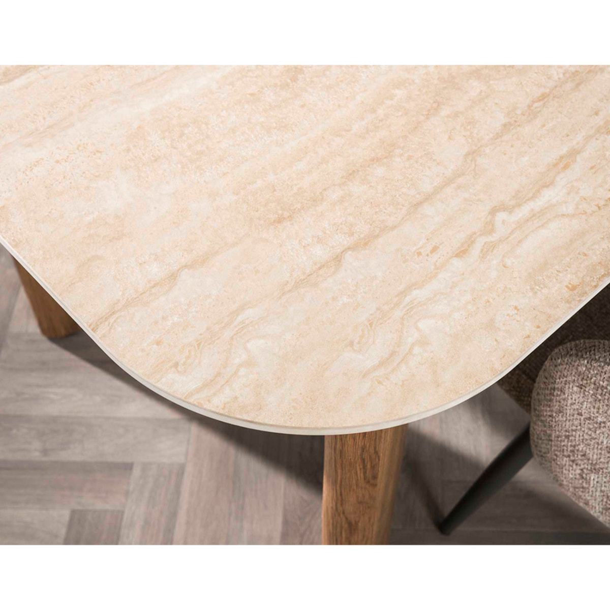 Mohea - table à manger - plateau en céramique effet travertin - 4 à 6 personnes - Bois / Beige