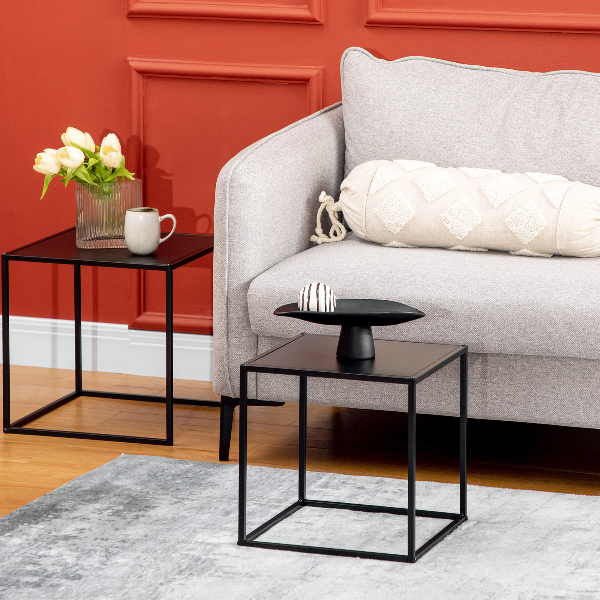Juego de 2 Mesas Nido, Mesas de Centro para Salón Cuadradas, Material de Acero, para Dormitorio y Oficina, Grande 40 cm, Pequeña 35 cm, Negro
