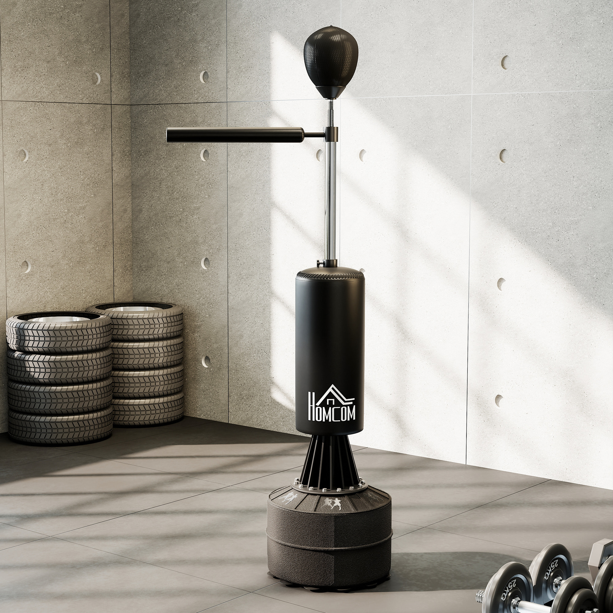 Saco de Boxeo de Pie 155-205 cm, Saco de Boxeo con Barra Giratoria de 360°, Bola de Velocidad y Base Rellenable, Punching Ball para Adultos y Niños, Entrenamiento MMA, Muay Thai, Fitness, Negro