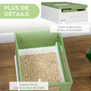 Maison de toilette pliable pour chat - tiroir à litière coulissant, porte battante et trappe transparente, pelle - blanc vert