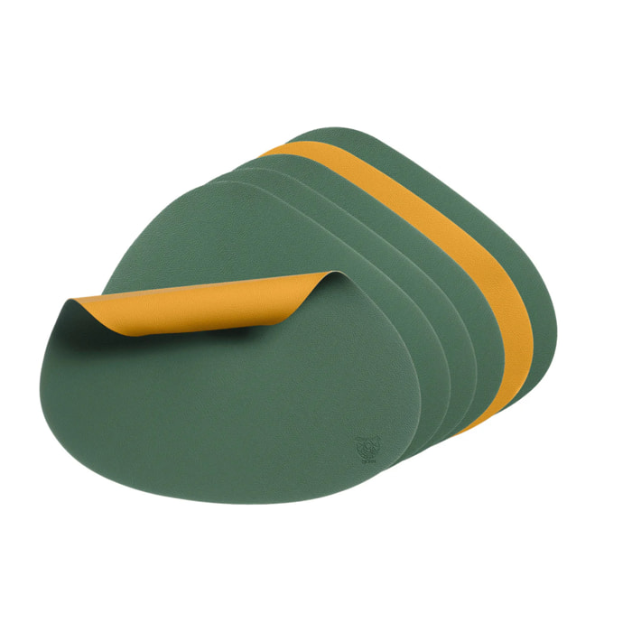 Set de table curve réversible - 6 pièces - Cuir recyclé jaune moutarde et vert sapin
