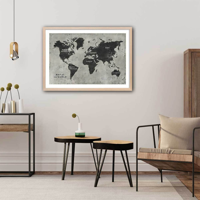 Affiche Carte du monde punky Affiche + cadre en bois - Chêne