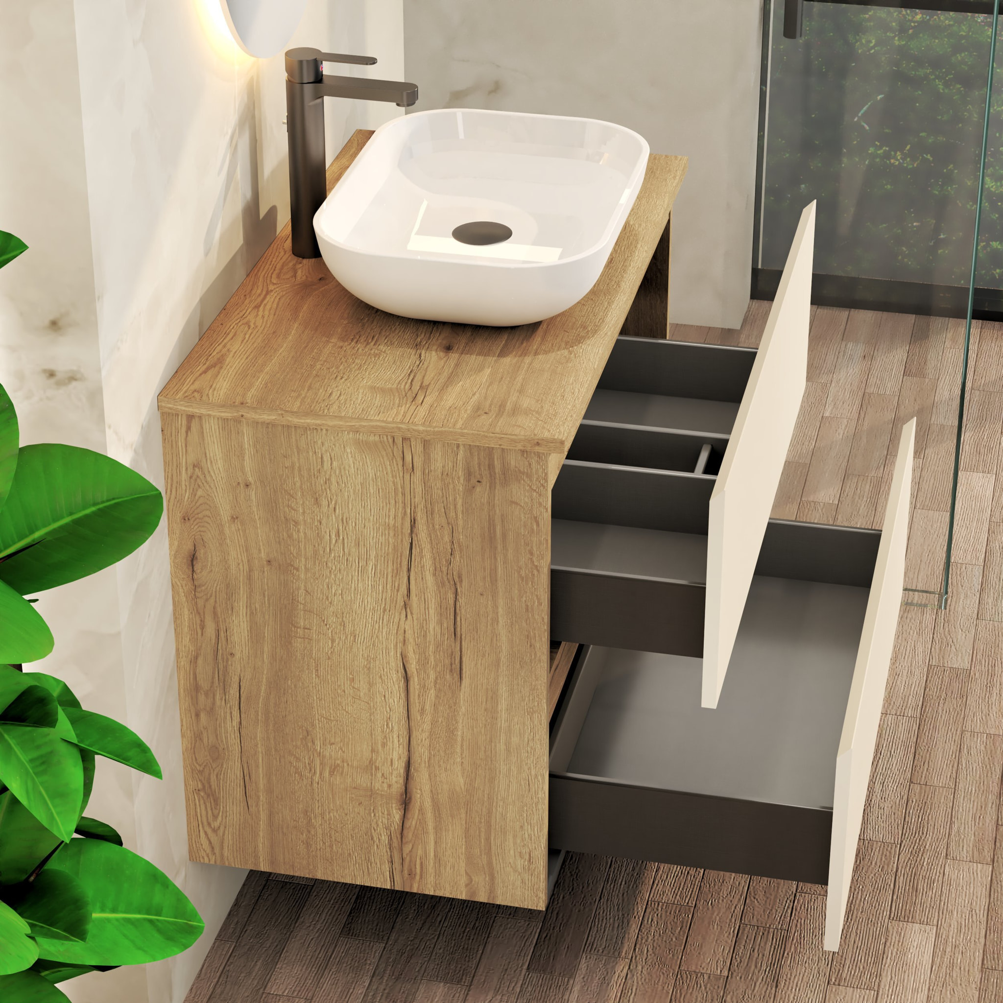 CONJUNTO DE BAÑO NIA | MUEBLE SUSPENDIDO | 90 CM GLACIAR | DOS CAJONES | LAVABO SOBREPUESTO | NO INCLUYE ESPEJO | MUEBLE MONTADO| ALDAY