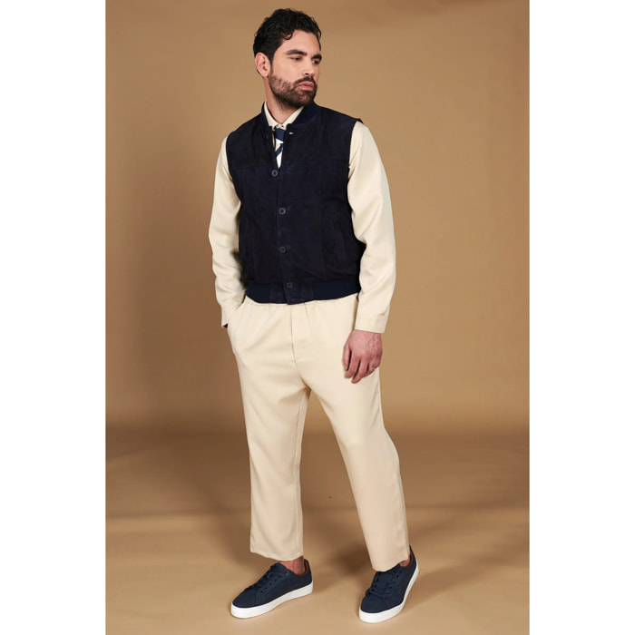 Gilet in pelle camoscio blu con bottoni