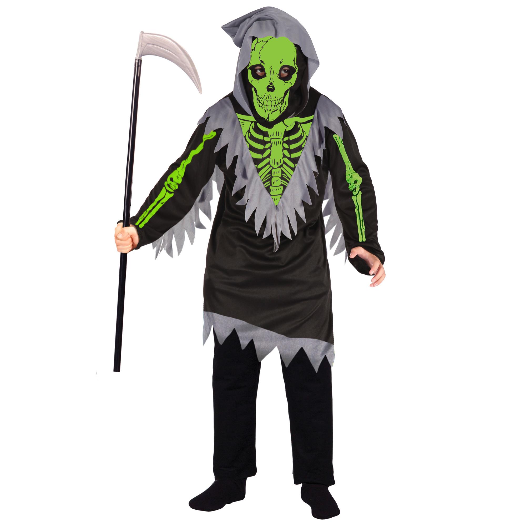 Costume Halloween Nero Scheletro Verde Con Falce Bambino