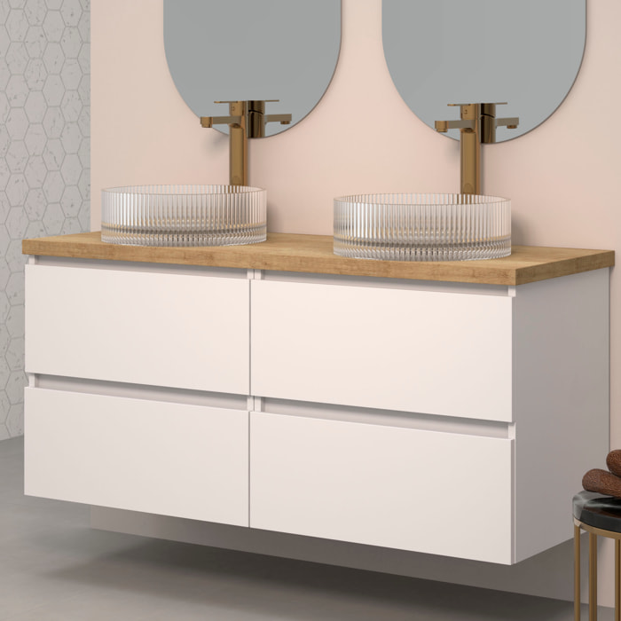Conjunto de Baño Kub | 140 cm Blanco | Cuatro Cajones | Lavabos de Cristal | No incluye Espejo | Mueble Montado | Alday