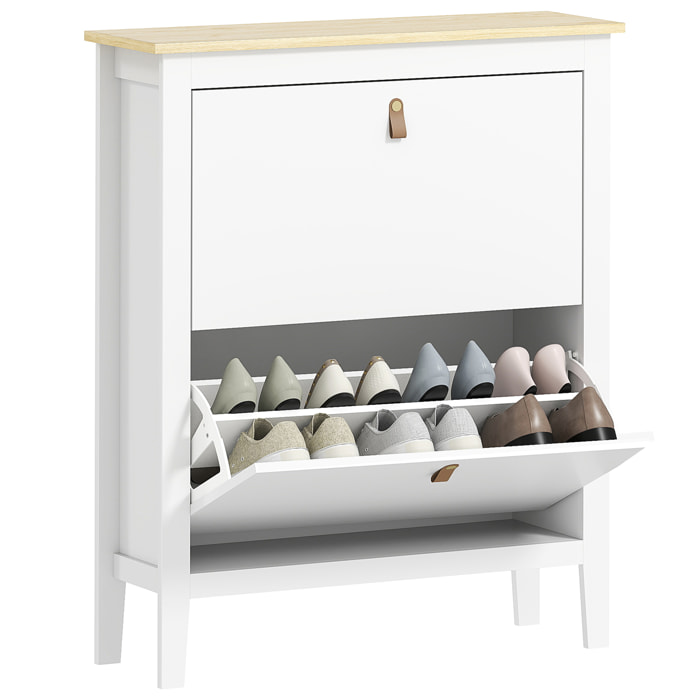 Mueble Zapatero Estrecho Zapatero Entrada Recibidor con 2 Cajones Abatibles Estantes Ajustables y Tiradores de PU para 14 Pares de Zapatos para Pasillo 80x24x95,5 cm Blanco