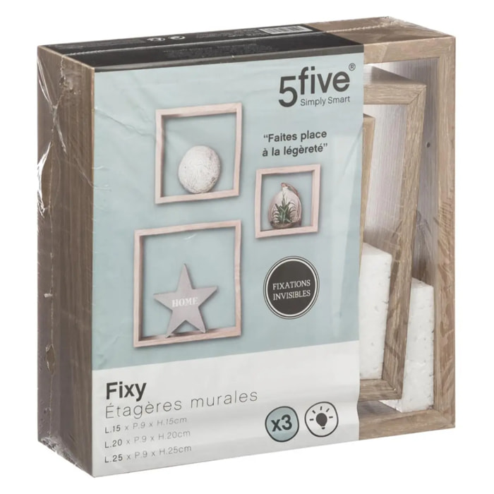 3 petites étagères murales "Fixy" cube effet chêne