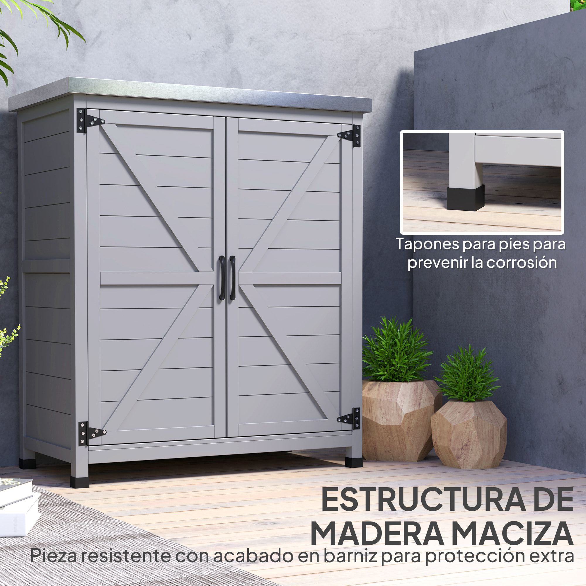 Armario de Exterior de Madera, Caseta de Jardín Exterior con Techo de Acero Galvanizado, Estante, 2 Puertas, Cobertizo de Jardín para Almacenamiento de Herramientas, 79x43x92 cm, Gris