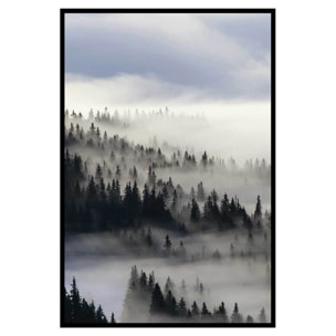 Affiche encadrée forêt de pins dans la brume Affiche + cadre en métal - Noir