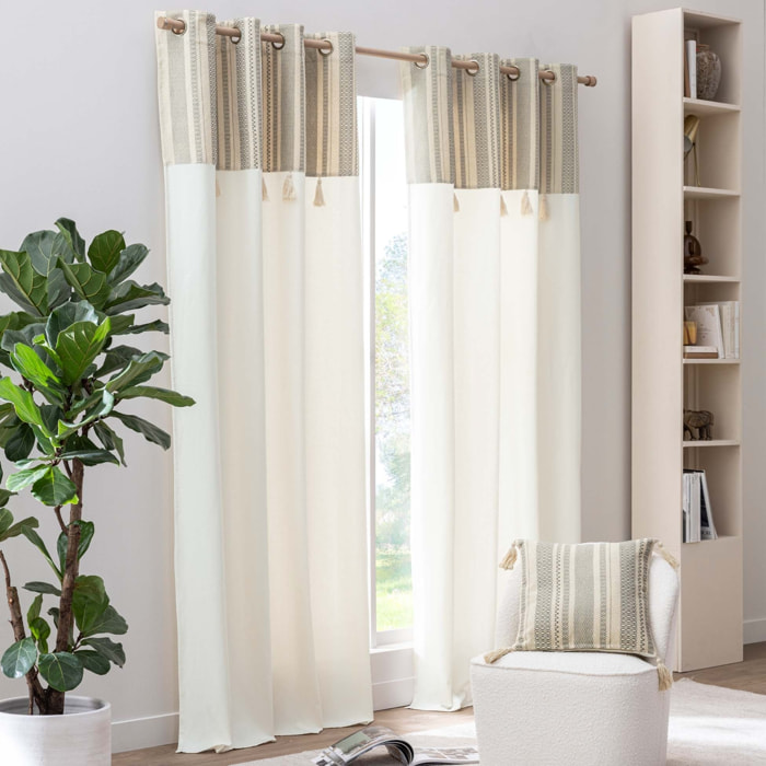 Rideau à œillets polycoton avec top à rayures métallisé et pompons - Naturel