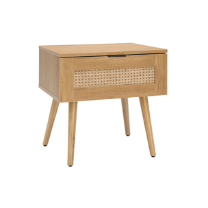 Table de chevet finition bois clair, cannage rotin et métal noir L50 cm MANILLE