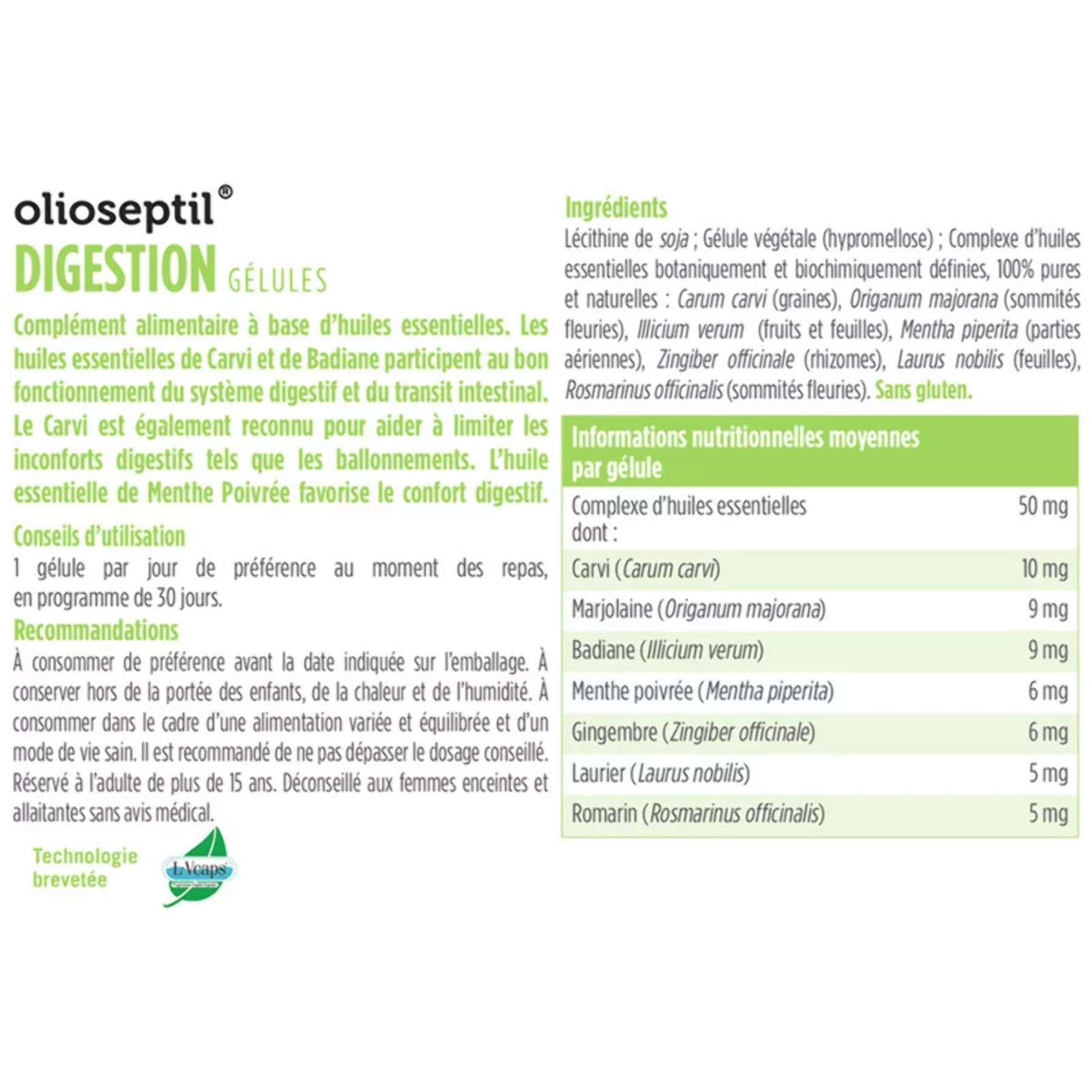 OLIOSEPTIL - Gélules Digestion - Favorise le Confort Digestif & Améliore le Transit - Réduit les Ballonnements - Complexe d'Huiles Essentielles 100% Pures et Naturelles - Sans Gluten - Lot de 2