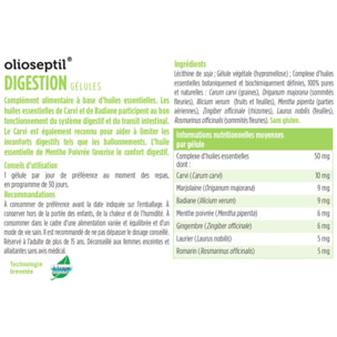 OLIOSEPTIL - Gélules Digestion - Favorise le Confort Digestif & Améliore le Transit - Réduit les Ballonnements - Complexe d'Huiles Essentielles 100% Pures et Naturelles - Sans Gluten - Lot de 2