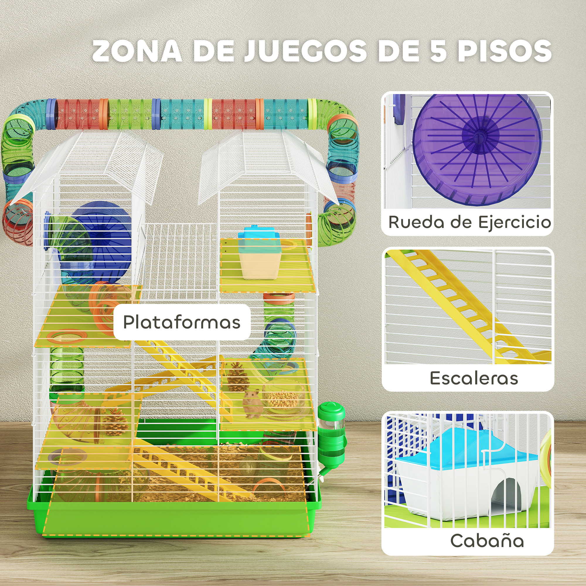 Jaula para Hámster de 5 Niveles, 47x30x59 cm, Casa para Animales Pequeños con Túnel, Comedero, Bebedero, Casita, Rueda de Ejercicio, Escaleras, para Ratas y Jerbos, Verde
