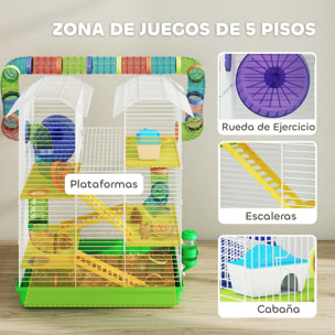 Jaula para Hámster de 5 Niveles, 47x30x59 cm, Casa para Animales Pequeños con Túnel, Comedero, Bebedero, Casita, Rueda de Ejercicio, Escaleras, para Ratas y Jerbos, Verde