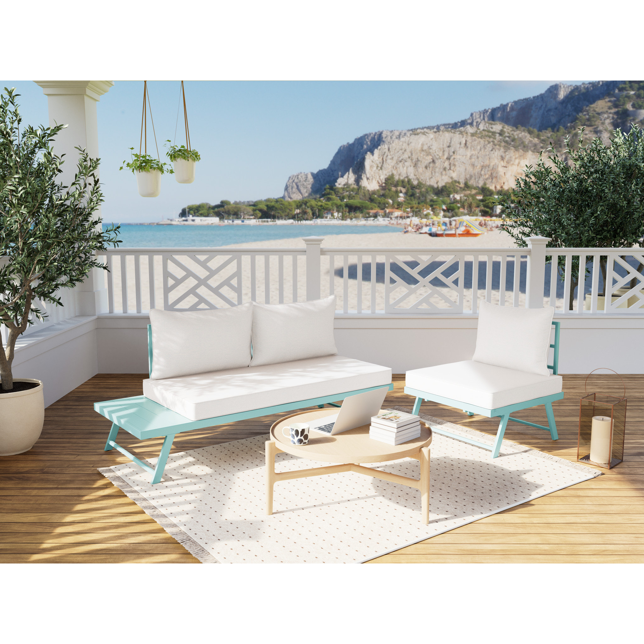 Isadora - salon de jardin 3 places - modulable - vert avec coussins beiges - Vert / Beige