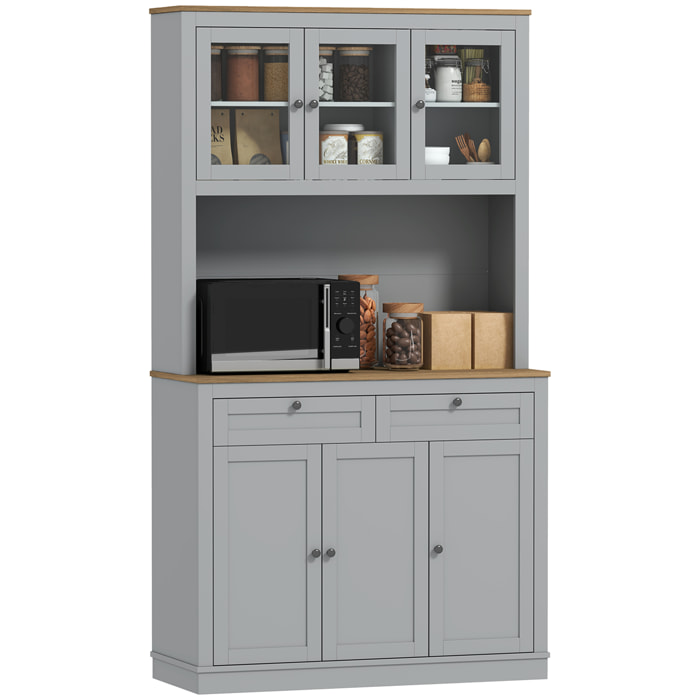 Alacena de Cocina, Mueble Auxiliar de Cocina, con 3 Puertas de Vidrio, Encimera Abierta para Microondas, 2 Cajones y Estantes Ajustables, 100x40x180 cm, Gris