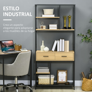 Estantería Industrial de 5 Niveles Mueble Estantería Almacenaje Estantería para Libros con 2 Cajones y Marco de Metal para Salón Oficina 80x30x170,5 cm Roble