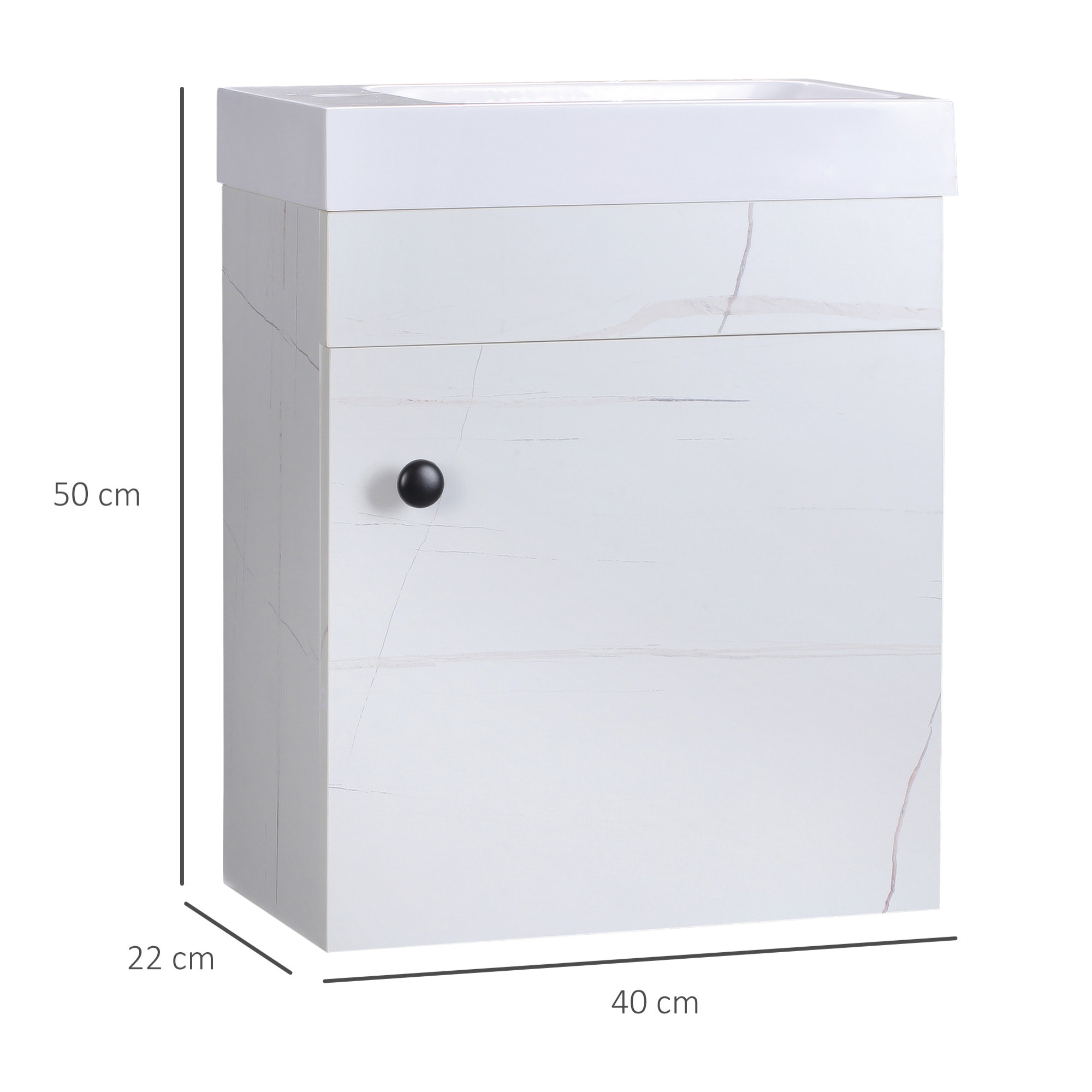 Meuble sous-vasque suspendu - vasque céramique incluse - 1 porte - dim. 40L x 22l x 50H cm - aspect marbre blanc