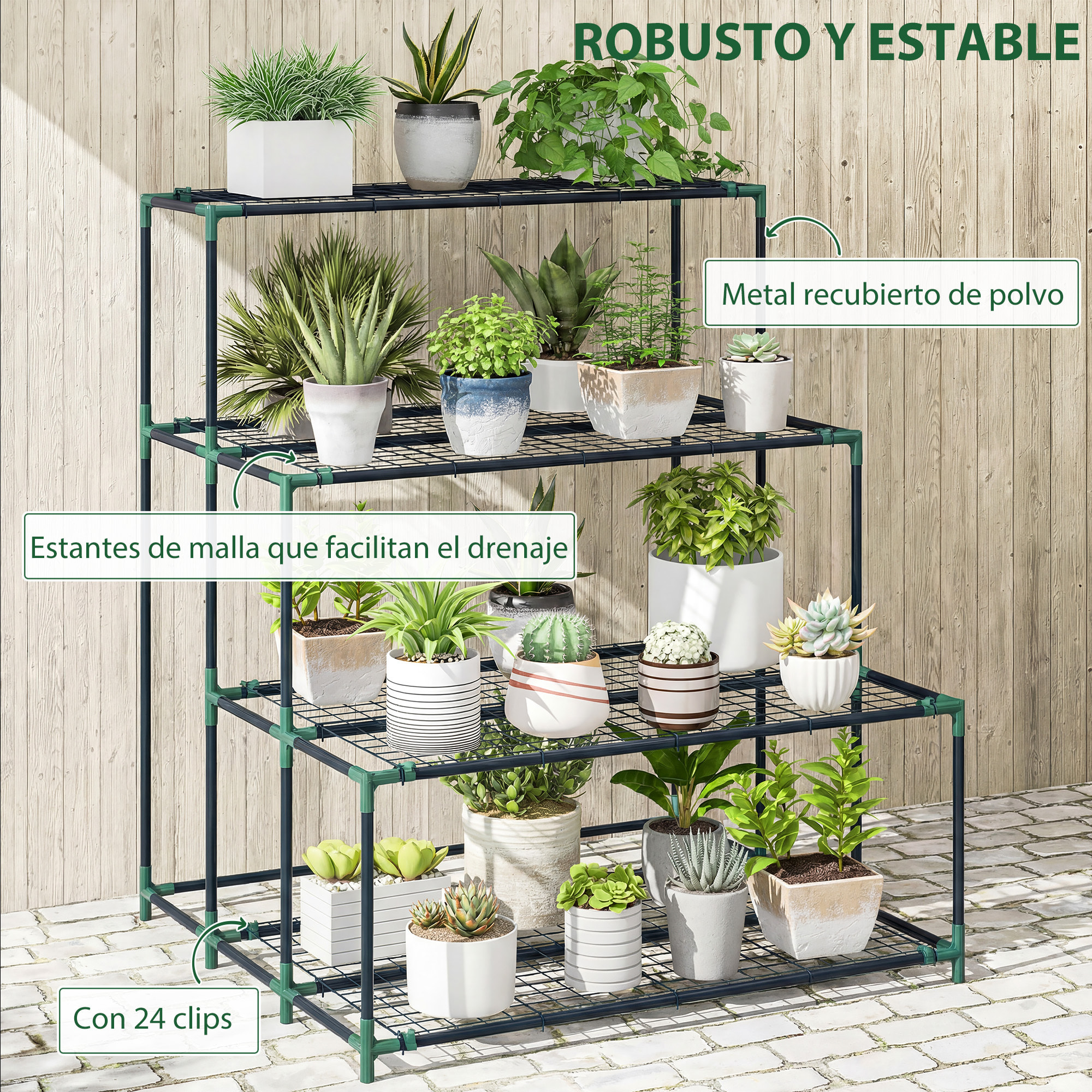 Soporte para Plantas de 4 Niveles, Estantería para Plantas de Acero, Diseño en Escalera, Soporte para Macetas para Interior y Exterior, Jardín, Balcón y Patio, 94x84x110 cm, Verde Oscuro