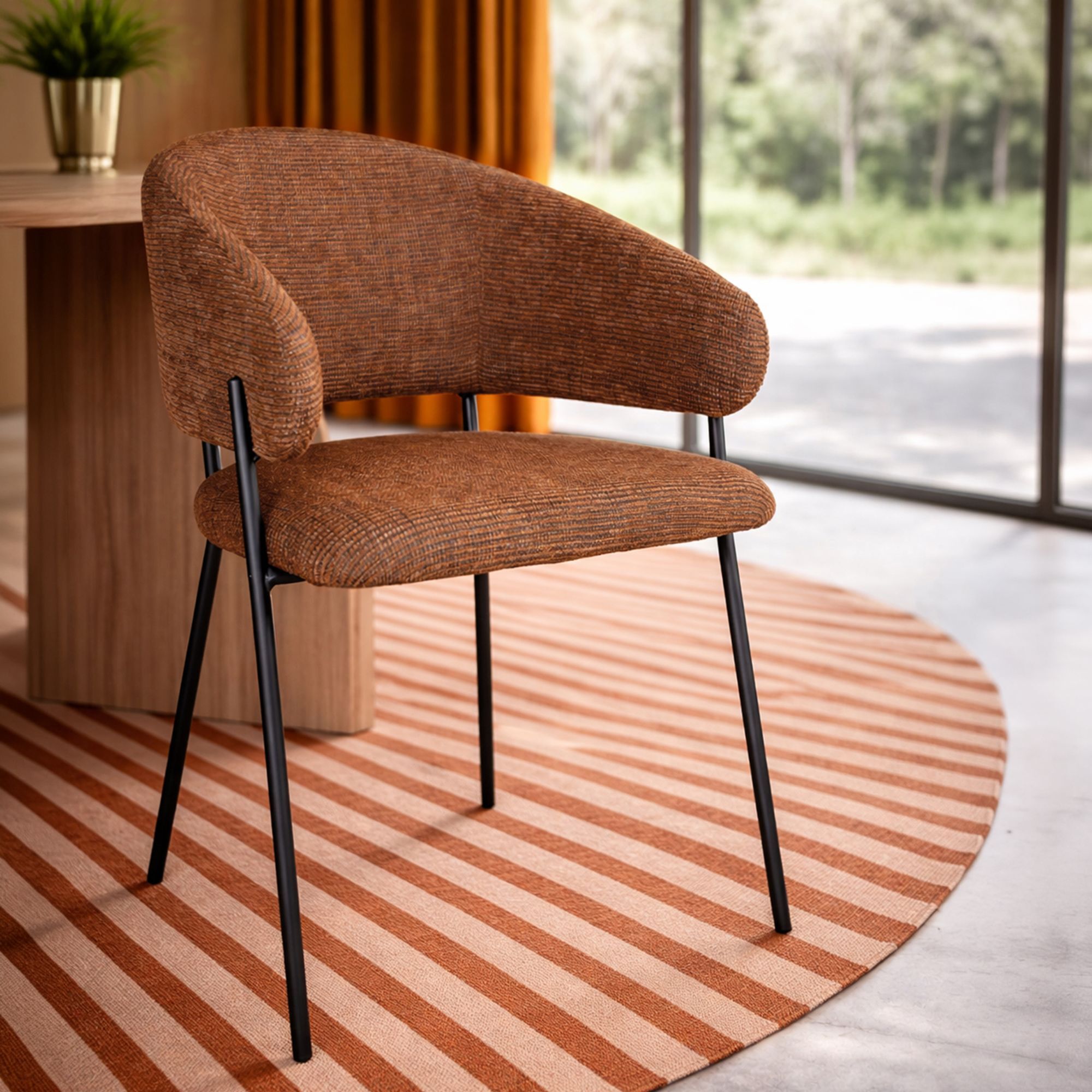 Ensemble table ovale effet bois 220cm et 6 fauteuils tissu terracotta QUITO