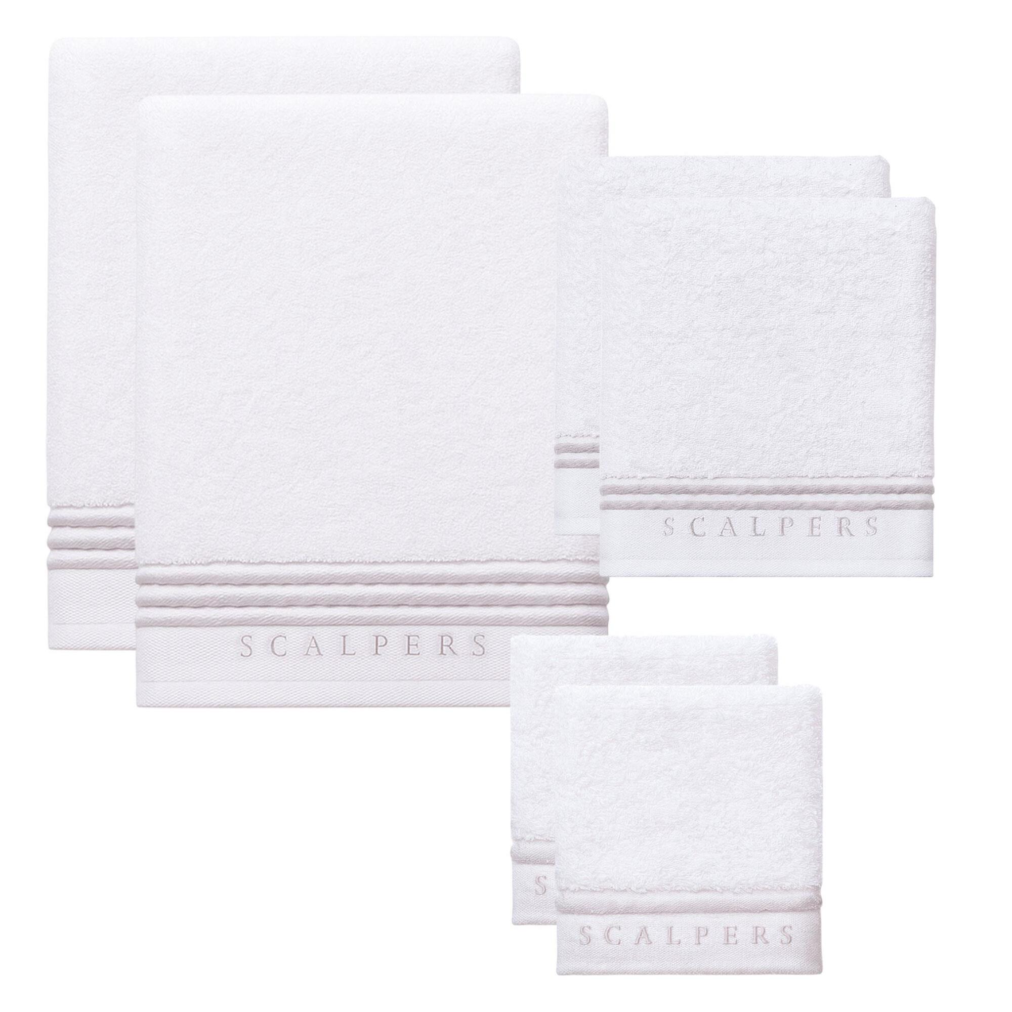 Set 6 toallas baño (2x tocador 30x50cm + 2x manos 50x90cm + 2x baño 70x140cm) 450gsm en algodón blanco con gris scalpers home