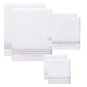 Set 6 toallas baño (2x tocador 30x50cm + 2x manos 50x90cm + 2x baño 70x140cm) 450gsm en algodón blanco con gris scalpers home