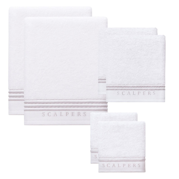 Set 6 toallas baño (2x tocador 30x50cm + 2x manos 50x90cm + 2x baño 70x140cm) 450gsm en algodón blanco con gris scalpers home