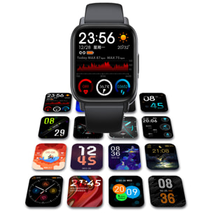 Smartwatch QS16 con termómetro corporal, monitor de tensión y O2. 24 modos deportivos, notificaciones de apps.