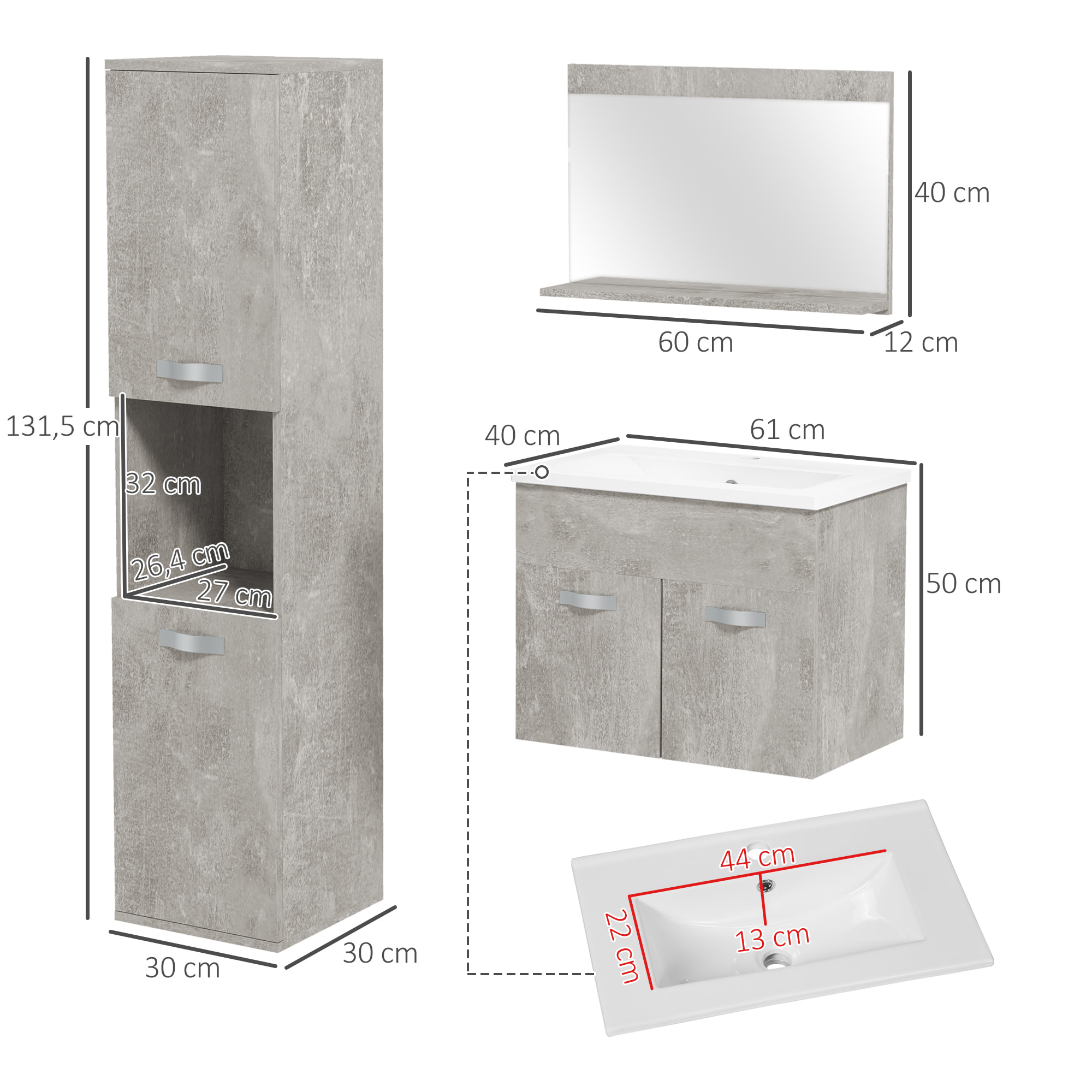 Conjunto de Muebles de Baño de Pared 3 Piezas Incluye Espejo Armario con Lavabo Cerámico y Columna Auxiliar de Baño Estilo Moderno Gris