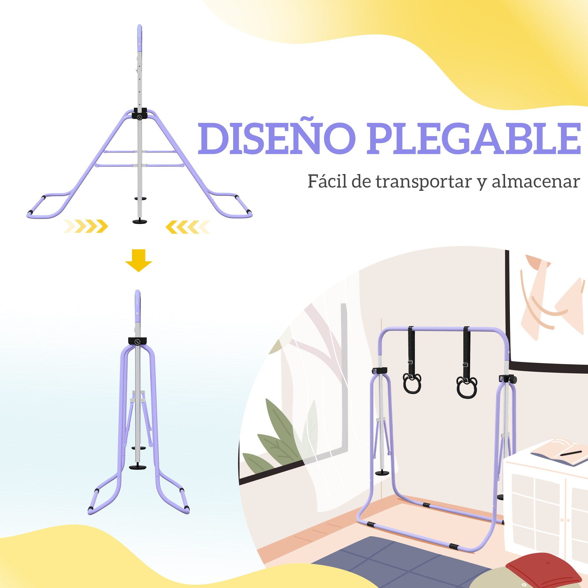 Barra de Gimnasia para Niños con Altura Ajustable en 5 Niveles y Anillos, Barra de Entrenamiento de Gimnasia Plegable en Casa, Púrpura