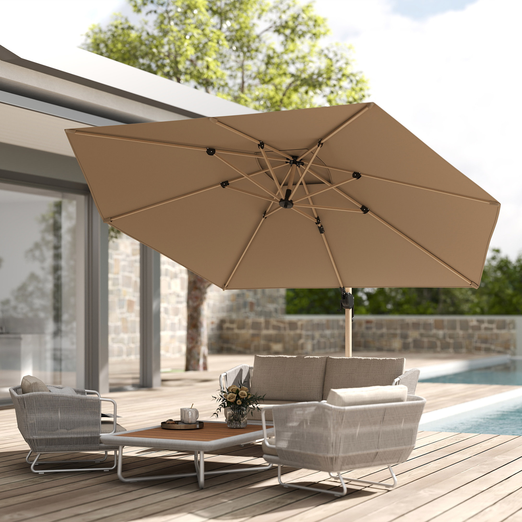 Parasol déporté hexagonal inclinable pivotant dim. 4,2L x 3l x 2,7H m alu effet bois polyester anti-UV UPF50+ kaki