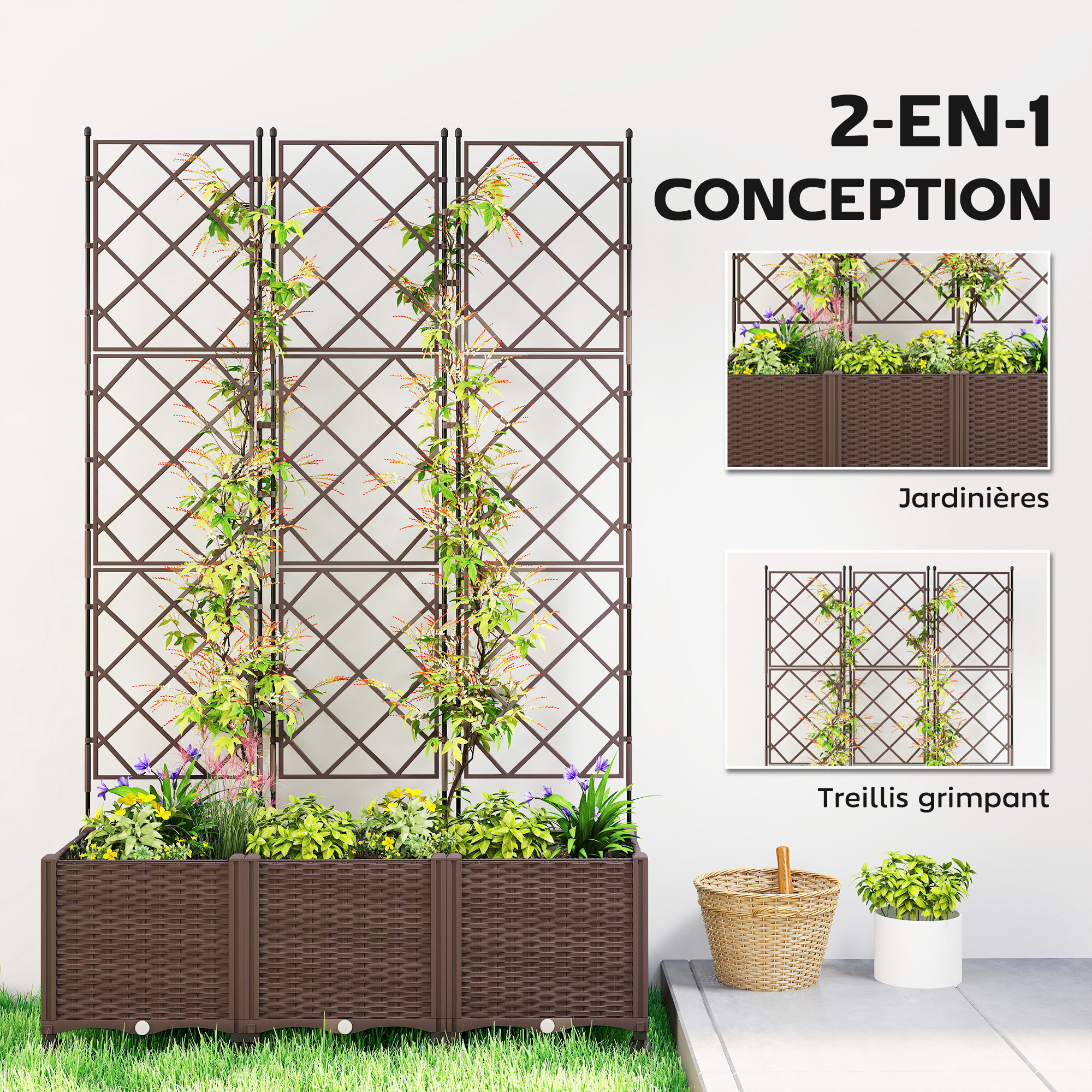 Jardinière avec treillis sur roulettes auto-arrosage PP marron